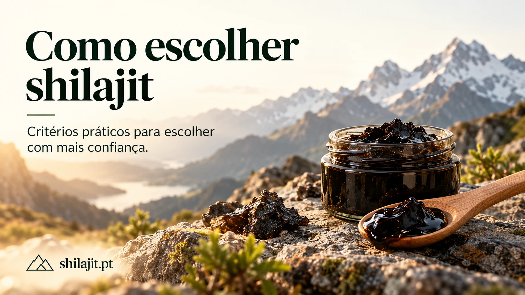 Frasco e colher com resina de shilajit sobre rocha, montanhas ao fundo