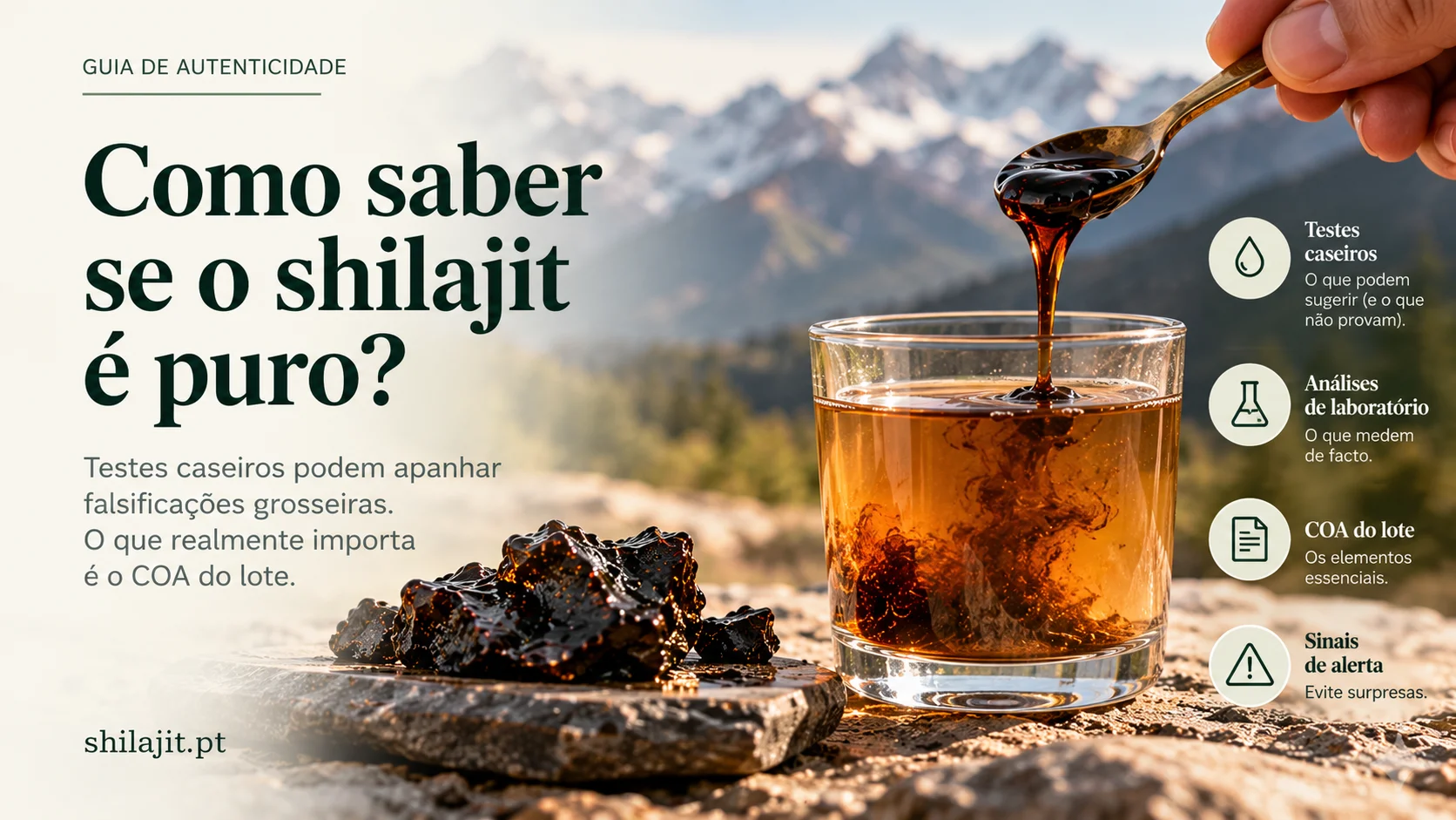 Resina de shilajit a dissolver-se em água, com pedaço de resina e montanhas ao fundo