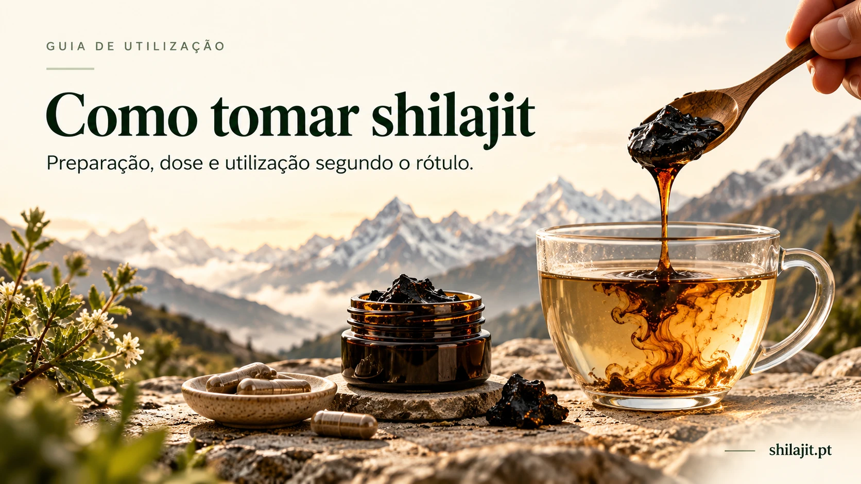 Resina de shilajit a dissolver em copo, frasco e cápsulas, montanhas ao fundo