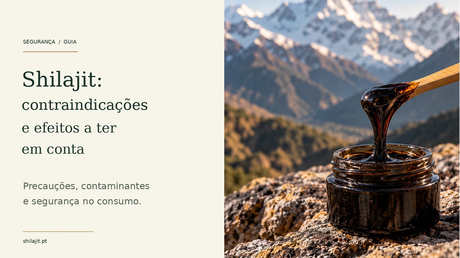 Frasco e resina de shilajit sobre mesa, com documentação e contexto de segurança