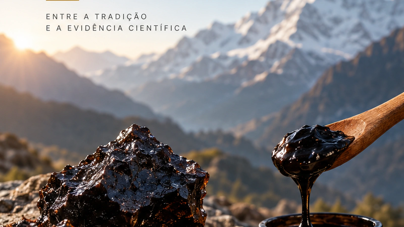 Resina de shilajit e colher sobre pedra, com montanhas ao fundo