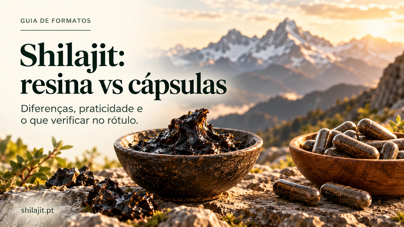 Resina de shilajit e cápsulas em taças de madeira, montanhas ao fundo