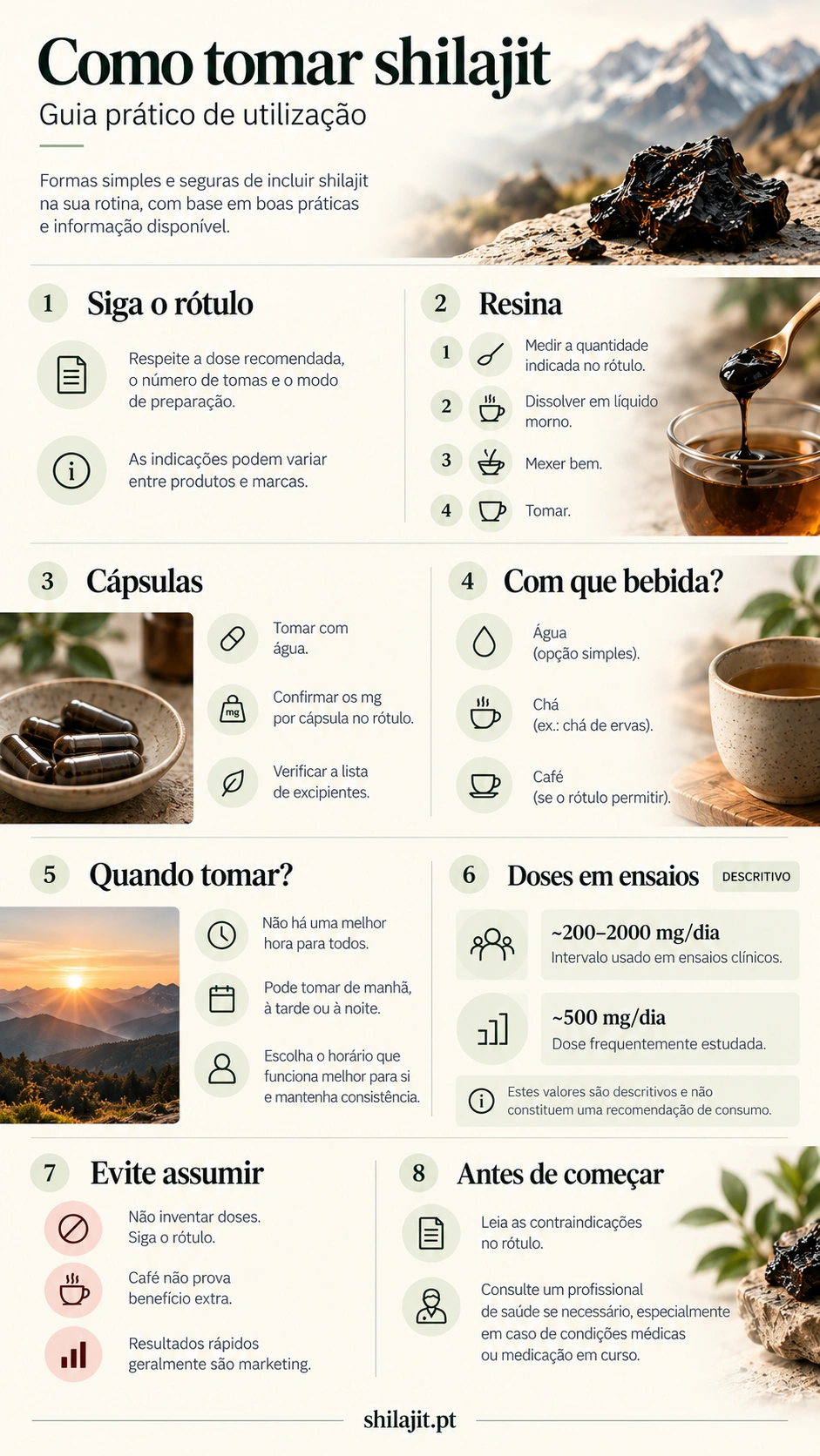 Infográfico: como tomar shilajit, rótulo, resina, cápsulas e doses descritivas