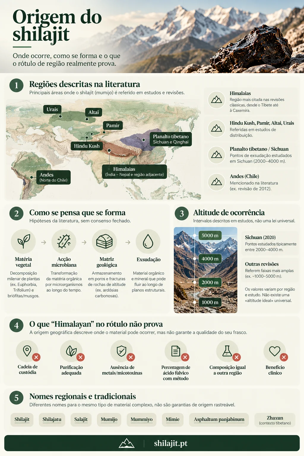 Infográfico: origem do shilajit — regiões, formação, altitude e o que o rótulo não prova