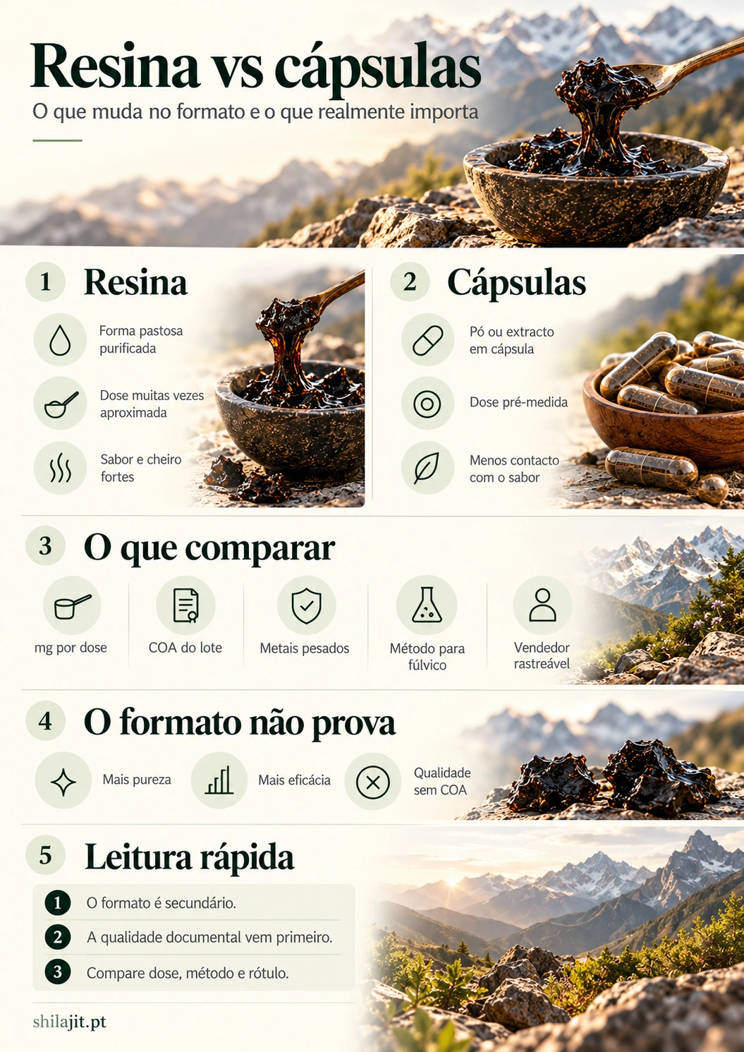 Infográfico: resina vs cápsulas de shilajit, o que comparar e o que o formato não prova