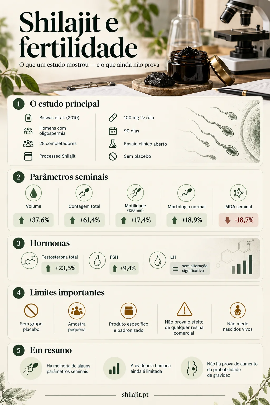 Infográfico: shilajit e fertilidade — Biswas 2010, parâmetros seminais, hormonas e limites do estudo