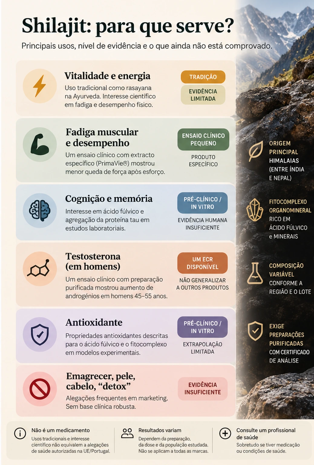 Infográfico: para que serve o shilajit, níveis de evidência e o que não se pode afirmar com segurança