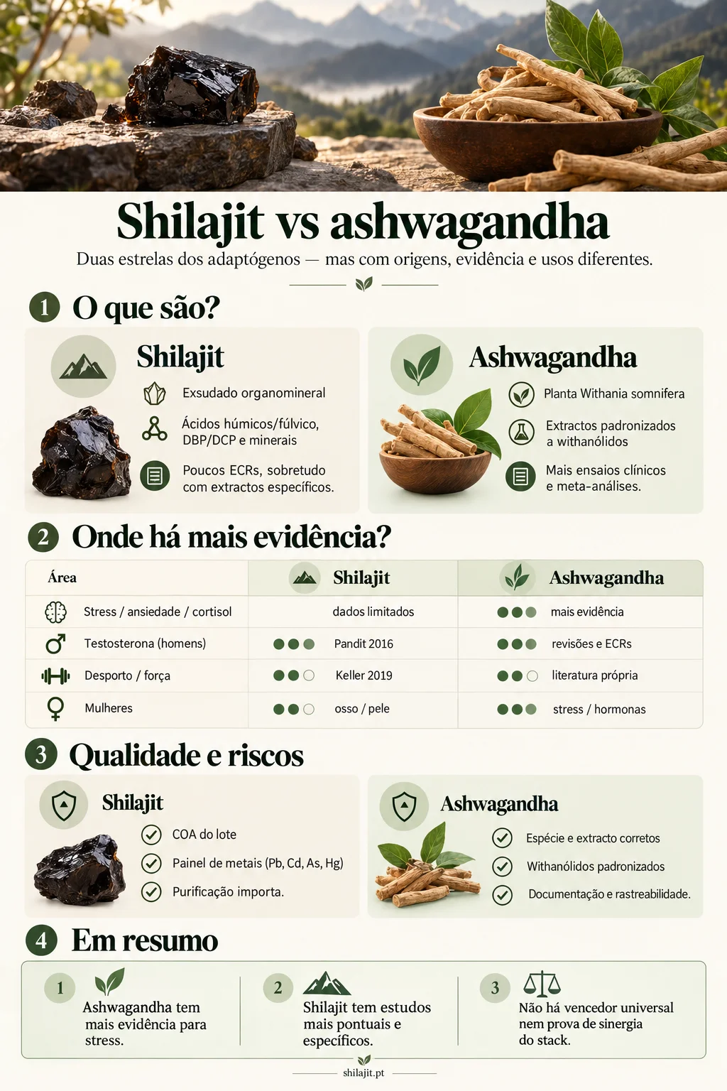 Infográfico: shilajit vs ashwagandha — origens, evidência por desfecho, qualidade e resumo sem crowning