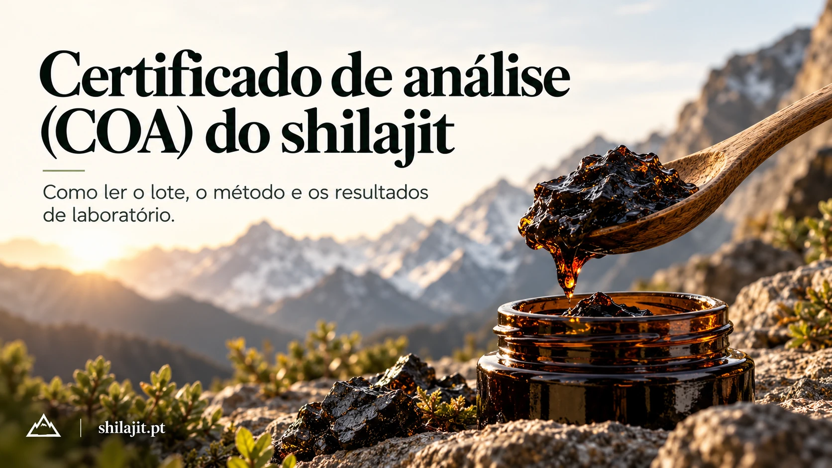 Resina de shilajit em frasco âmbar com colher, montanhas ao fundo