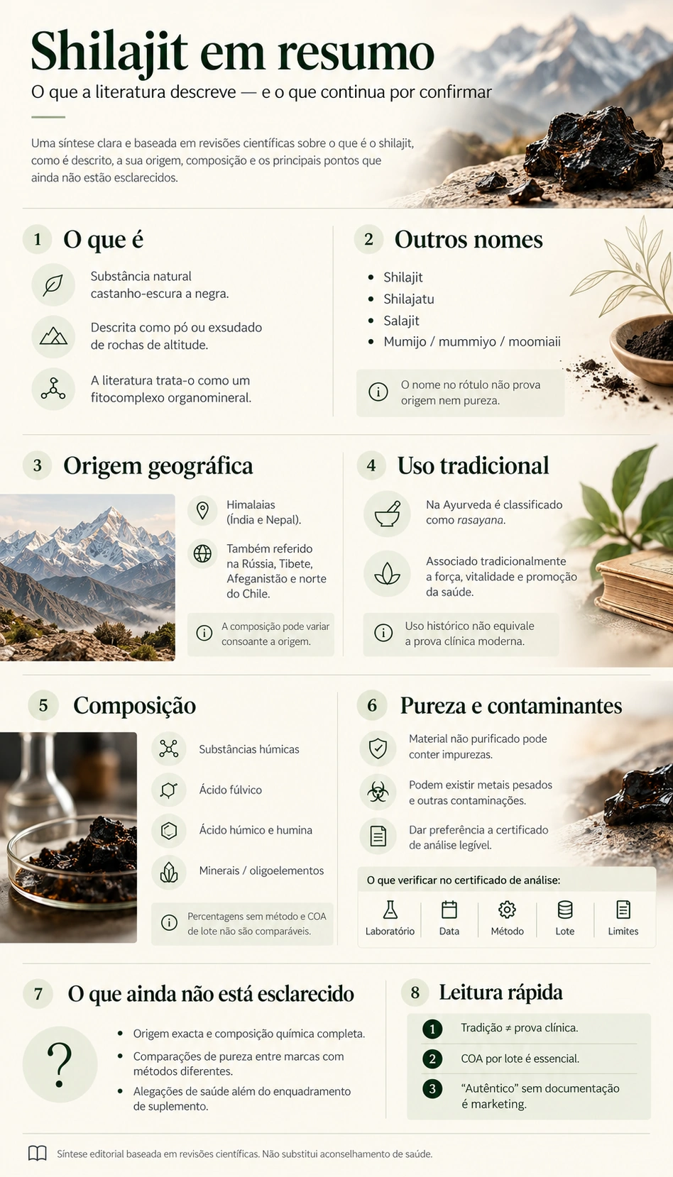 Infográfico «Shilajit em resumo»: o que é, nomes, origem, uso tradicional, composição, pureza e o que ainda não está esclarecido