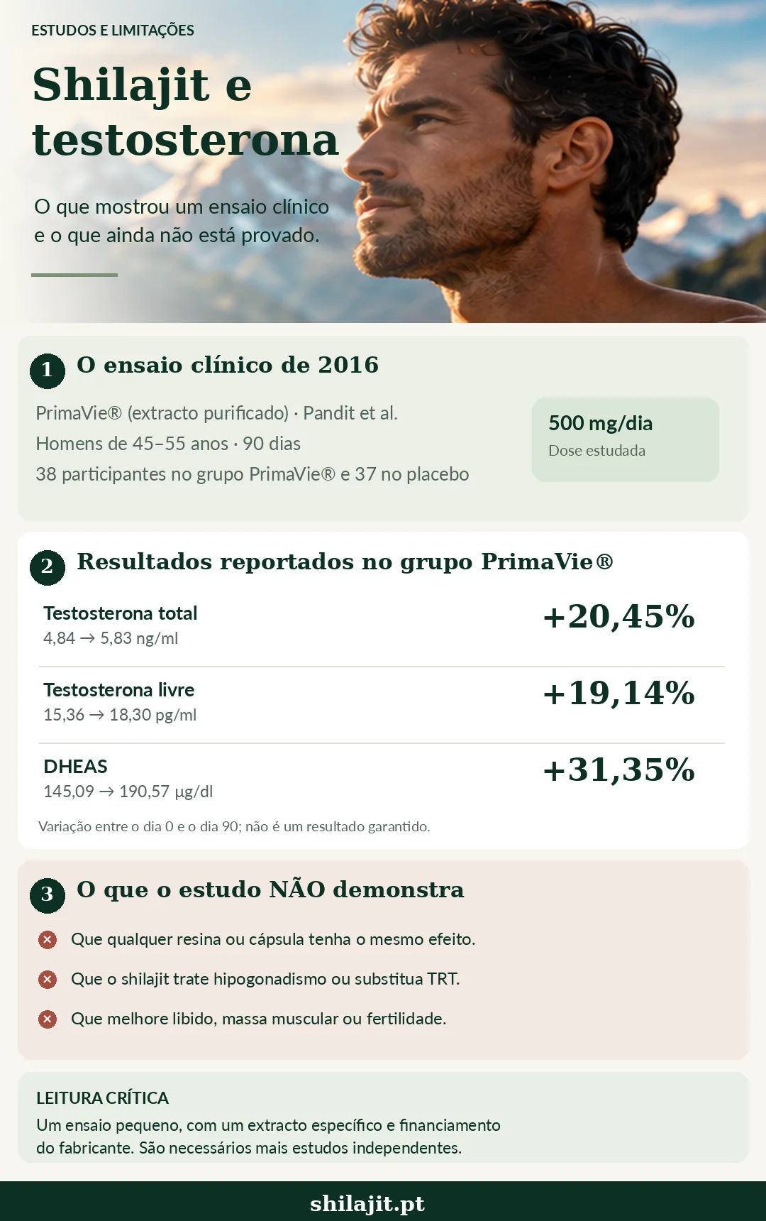 Infográfico: shilajit e testosterona — ensaio Pandit 2016, resultados PrimaVie e o que o estudo não demonstra