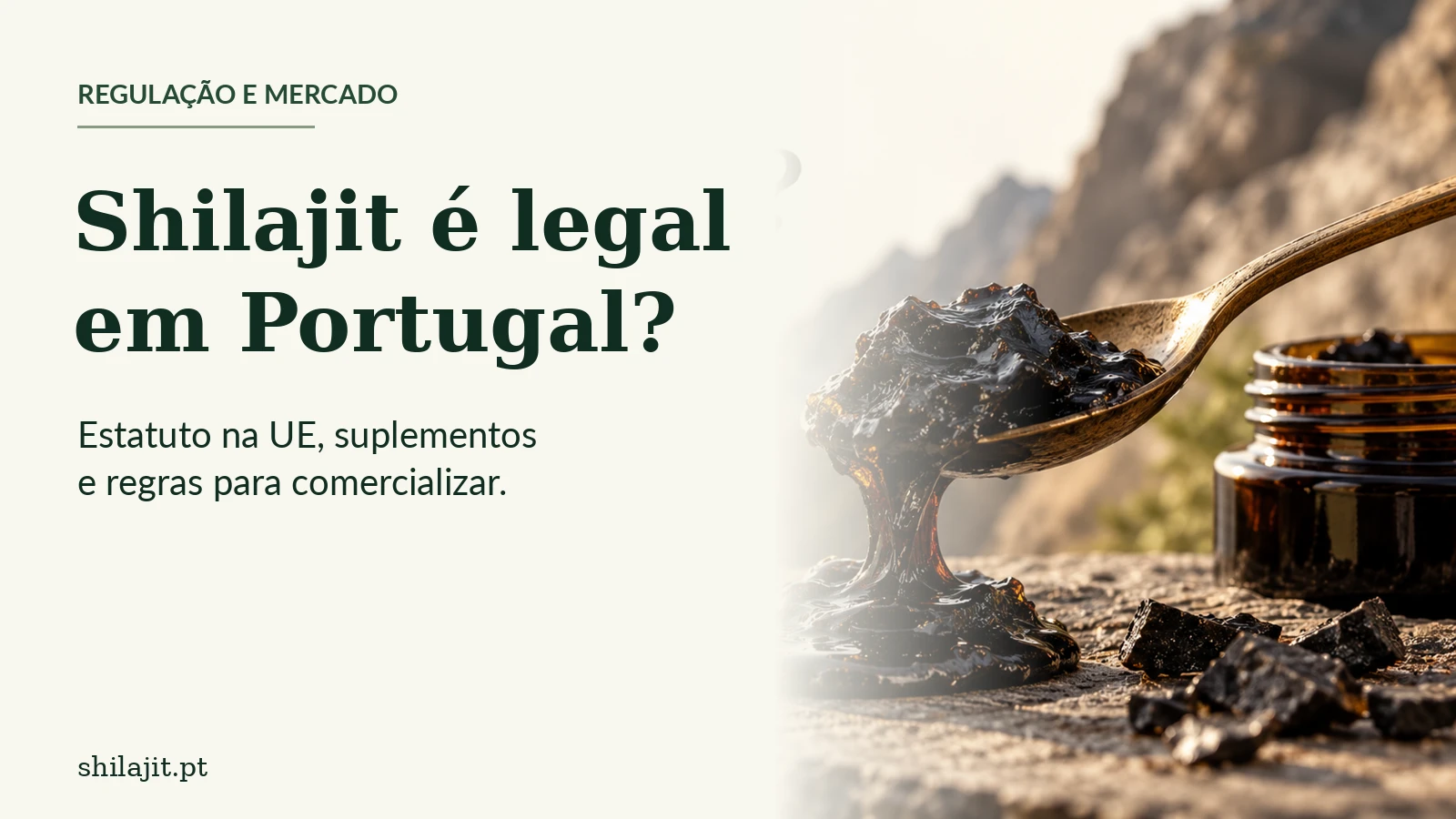 Resina de shilajit em colher e frasco, montanhas ao fundo